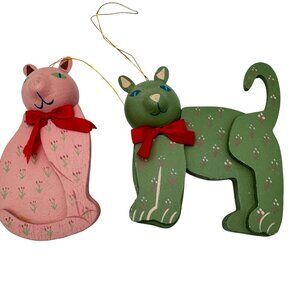 Set Of 2 Vintage Folk Art Cat Wooden Christmas Ornaments Hand Painted 1985
